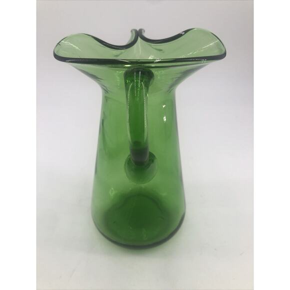 Glass Pitcher Mid Century Hand Blown Emerald Green Pinched Spout Ice Lip MCM VTG - Picture 11 of 11